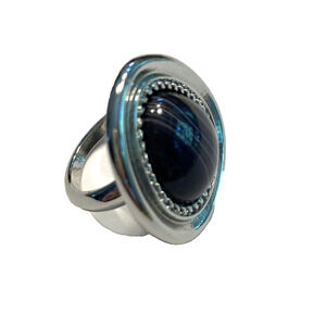 Cocktail Ring Silvertone Black Brown Stone Mod Abstract Fashion Jewelry Sz 5.75